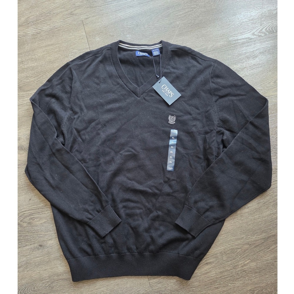 New Chaps Sweater Mens XL Black V-Neck Long Sleeve Embroidered Logo Classic